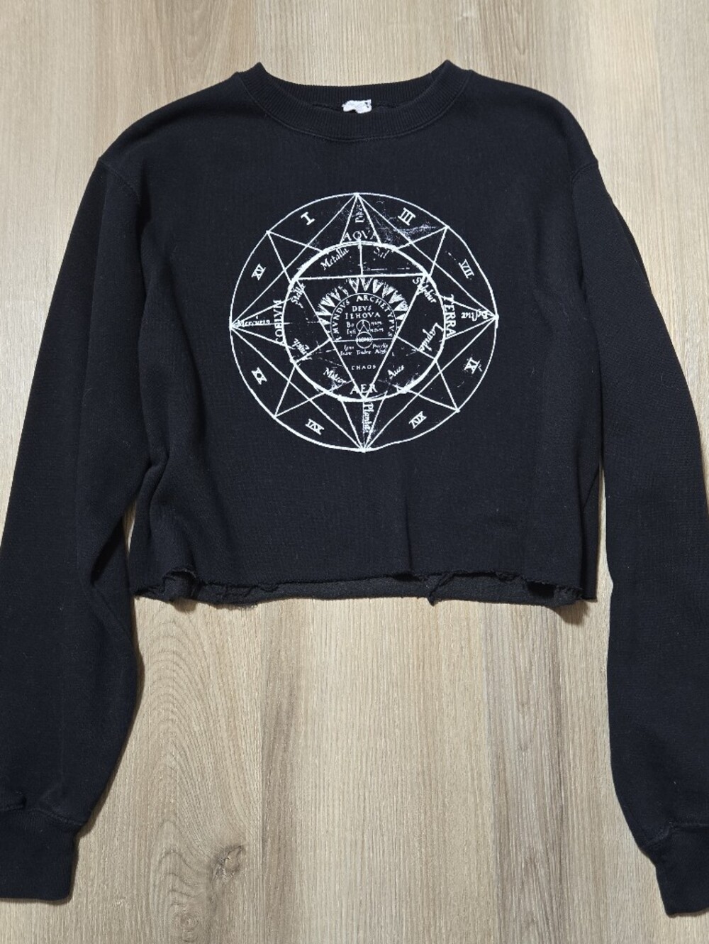 John Galt Black Cropped Crewneck with White Occult Graphic